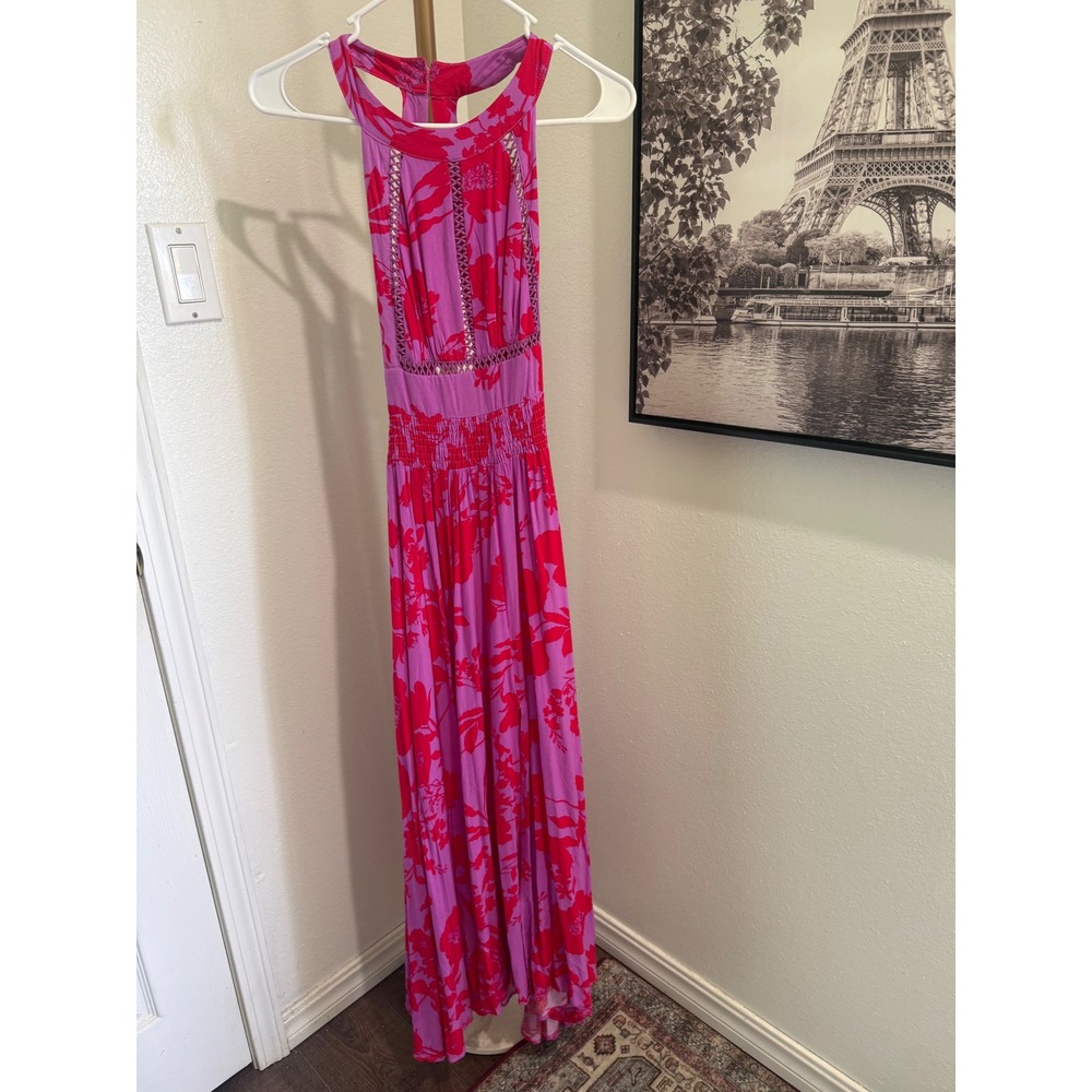 Abel The Label Pink Red Floral Halter Maxi Dress Smocked Waist Size S ATL1000520